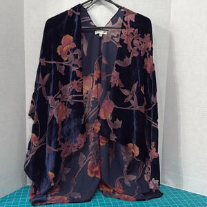 Kimono Coverup Velvet Burnout Blue Print Top Floral One Size Fits All